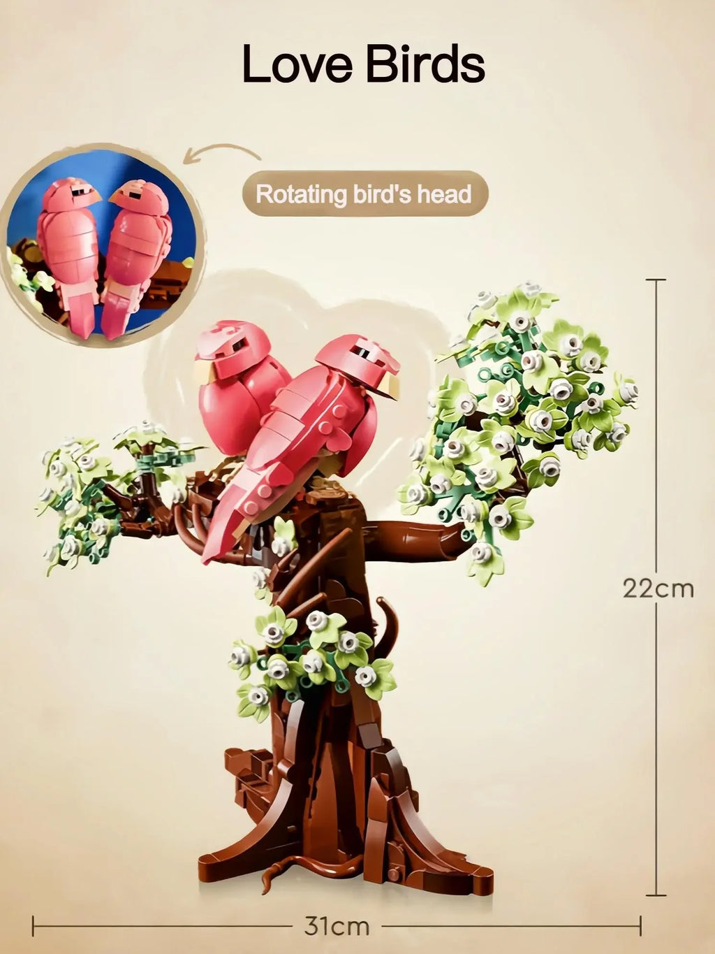 New Display 750pcs Cute Pink Bird Love Birds 21365 3D Tree Model Building Block Toy Ornaments Birthday Valentine's Day Gifts