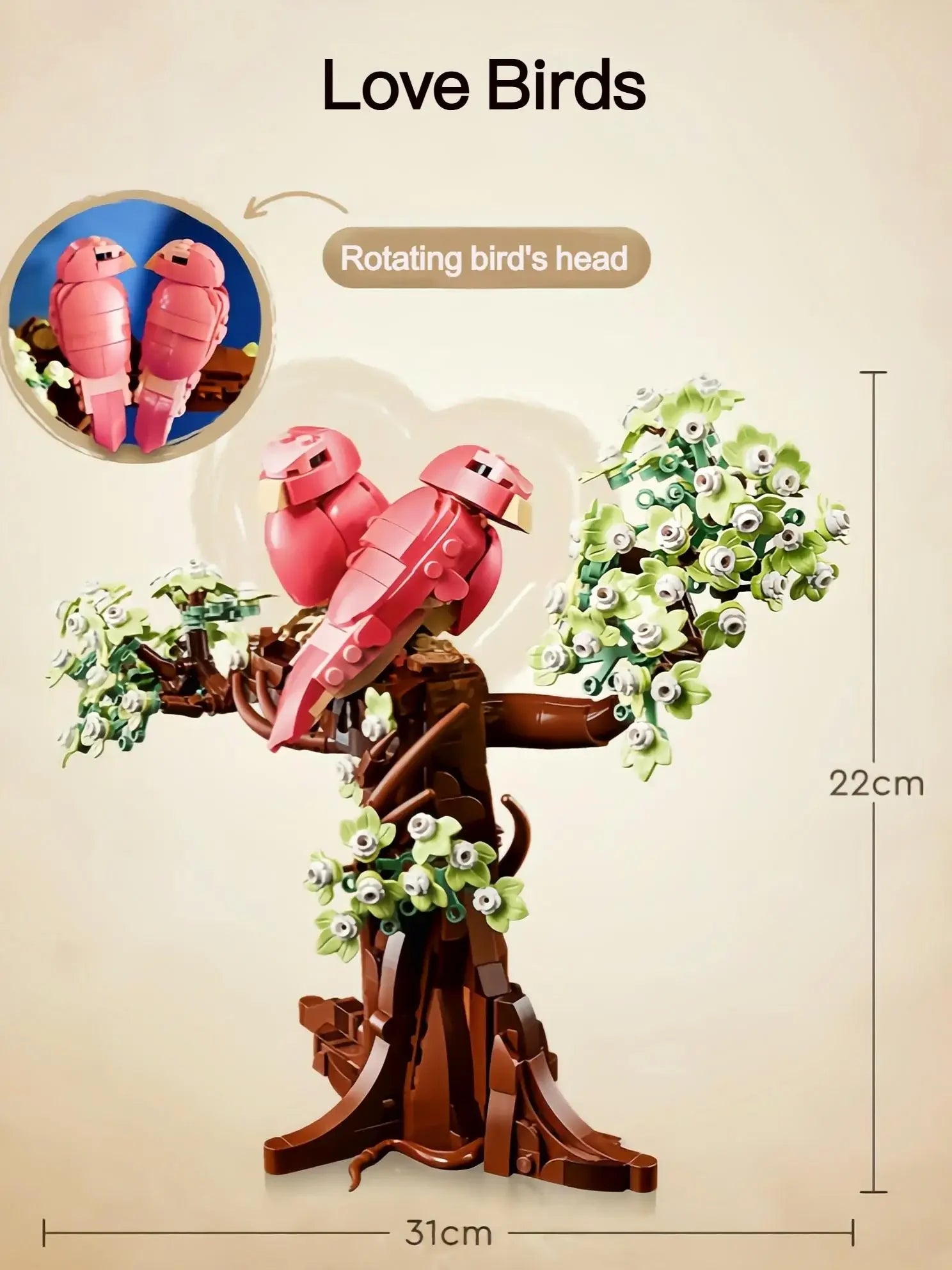 New Display 750pcs Cute Pink Bird Love Birds 21365 3D Tree Model Building Block Toy Ornaments Birthday Valentine's Day Gifts
